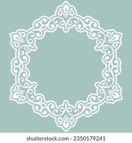 Oriental vector round light blue and white frame with arabesques and floral elements. Floral border with vintage pattern