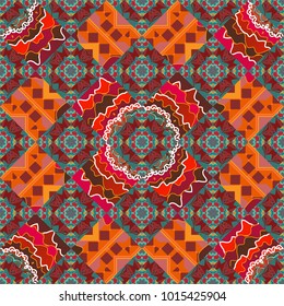 Oriental vector round mandalas. Traditional classic ornament. Vintage with arabesques. Orange, red and blue colored seamless pattern with arabesques and floral elements.