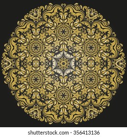 Oriental vector round pattern with arabesques and floral elements. Traditional classic black and golden ornament