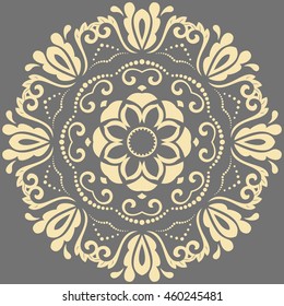 Oriental vector round pattern with arabesques and floral elements. Traditional classic ornament. Gray and golden pattern