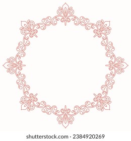 Oriental vector round pink frame with arabesques and floral elements. Floral border with vintage pattern