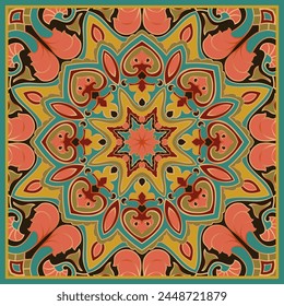 Diseño de bufanda de Vector oriental. Colorido patrón cuadrado vintage con marco. Fondo floral ornamental para una alfombra, bandana, textil, alfombra.