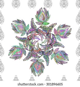 Oriental vector seamless pattern with arabesque and colorful floral elements. Abstract golden and white ornament