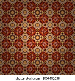 Oriental vector seamless pattern with arabesques, mandala and floral elements. Traditional classic ornament in red, brown and orange colors. Vintage pattern with arabesques.