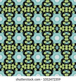 Oriental vector seamless pattern with arabesques, mandala and floral elements. Traditional classic ornament in green, blue and black colors. Vintage pattern with arabesques.