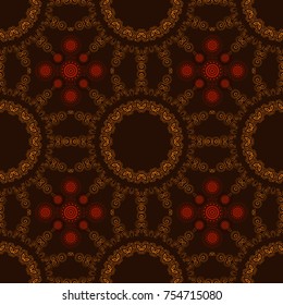 Oriental vector seamless pattern with arabesques, mandala and floral elements. Traditional classic ornament in orange, red and brown colors. Vintage pattern with arabesques.