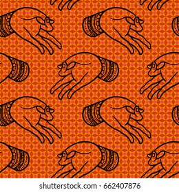 Oriental Vector Seamless Pattern. Hands Yoga Mudra Illustration in orange