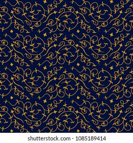 Oriental vector seamless pattern, linear pattern in oriental stile, golden on deep blue background. Approaches for decoration of a wall, backdrop of menu in cafe, design of textile.