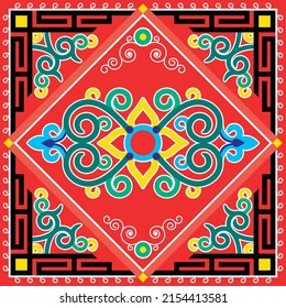 Oriental vector square pattern inspired by folk art from Monogolia and Central Asia, traditional decor with swirls and flower. Retro Mongolian retro ornament, vibrant background in red, green and blue