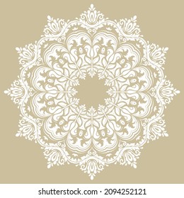 Oriental vector white pattern with arabesques and floral elements. Traditional classic round white ornament. Vintage pattern with arabesques