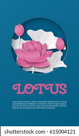 Oriental vertical banner with cut round blue frame, floral background with pink lotus flowers decoration. Vector illustration, paper cut out art style. Caption lotus lorem ipsum. Layers are isolated
