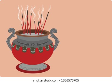 An  oriental vessel with incense sticks used for religious rites, meditation and oriental medicine. Editable Clip Art.