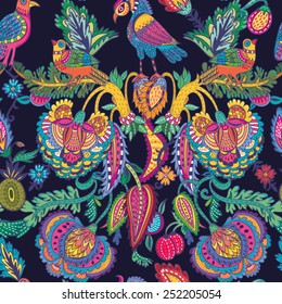 Oriental Vetor Floral pattern of flowers and birds in amazing colors.  Beautiful seamless pattern. Vector backdrop. Use for wallpaper,pattern fills, web page background.