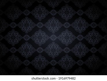 Oriental vintage background with Indo-Persian ornaments. Royal, luxurious, horizontal textured wallpaper in black with darkening at the edges, vignette. Vector illustration