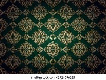 Oriental vintage background with Indo-Persian ornaments. Royal, luxurious wallpaper in deep green and gold. Vector illustration