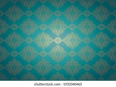 Oriental vintage background with Indo-Persian ornaments. Royal, luxurious wallpaper in turquoise with a golden hue. Vector illustration