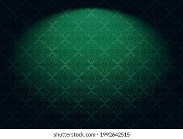 Oriental vintage background with Indo-Persian ornaments. Royal, luxurious green wallpaper with stage lighting. Vector illustration