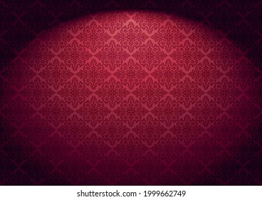 Oriental vintage background with Indo-Persian ornaments. Royal, luxurious red wallpaper with stage lighting. Vector illustration