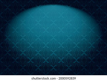 Oriental vintage background with Indo-Persian ornaments. Royal, luxurious wallpaper in dark blue color with stage lighting. Vector illustration