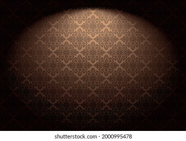 Oriental vintage background with Indo-Persian ornaments. Royal, luxurious wallpaper in gold, bronze, caramel, chocolate color with stage lighting. Vector illustration