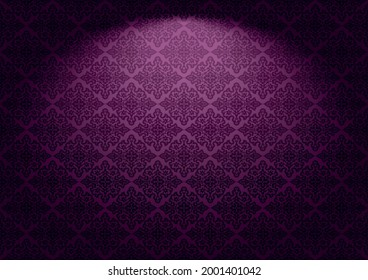 Oriental vintage background with Indo-Persian ornaments. Royal, luxurious wallpaper in purple, plum color with stage lighting. Vector illustration