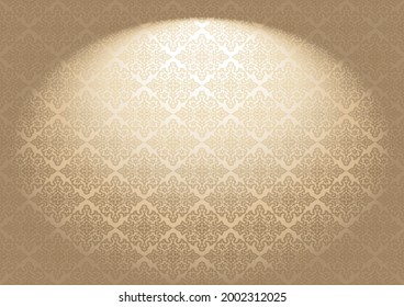 Oriental vintage background with Indo-Persian ornaments. Royal, luxurious wallpaper in golden color with stage lighting. Vector illustration