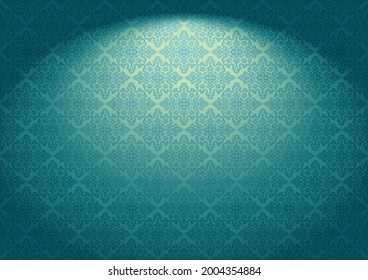 Oriental vintage background with Indo-Persian ornaments. Royal, luxurious wallpaper in turquoise,aqua blue color with stage lighting. Vector illustration