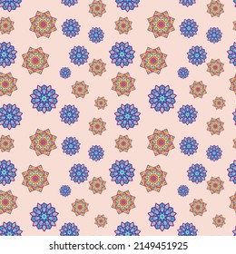 Oriental vintage colourful ethnic motif seamless pattern for wallpaper, wrapping and textile. Mandala multicoloured repeat fabric for tile.