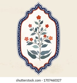 Oriental vintage ornament with flower branches in a curly frame. Indian Textile Style