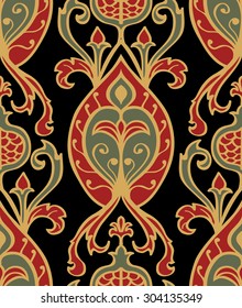 Oriental, vintage pattern with pomegranates. Vector seamless pattern of ornate elements on a black background. Old-fashioned wallpaper. Tapestry.