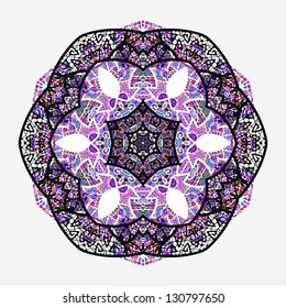 Oriental violet mandala motif round lase pattern on the gray background, like snowflake or mehndi paint