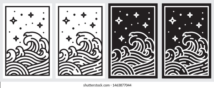 Oriental wave line illustration. Great japan wave doodle vector. Linear art. Isolated on whited and black background.