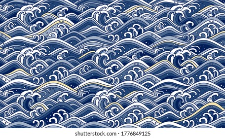 Oriental wave seamless background. Line art color illustration. Blue tone and light gold.