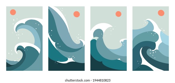 Oriental Wave Set. Abstract contemporary aesthetic poster of mid century landscapes with sun and ocean waves. Boho trend line art. Flat minimalist design.