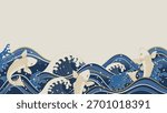 Oriental wave vector background with blue sea and golden koi fish on beige tone — calm elegant design for packaging, wallpaper and modern decoration.
