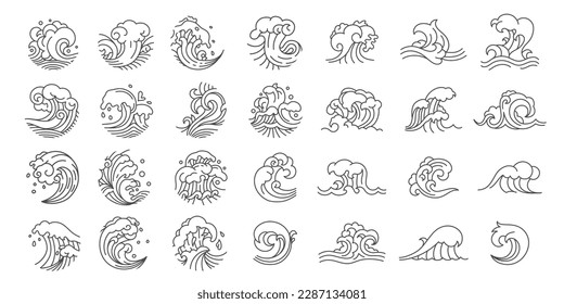 Oriental waves. Chinese indian japanese arabic and american traditional ornamental waves, decorative asian ripple pattern. Vector set of japanese traditional pattern, japan decoration illustration