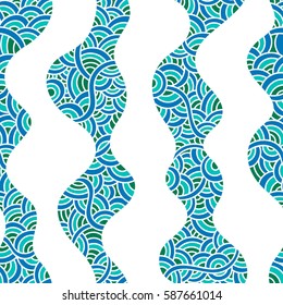 Oriental waves. Graphic ornament. Fish skin texture. Vector seamless pattern with abstract scale.