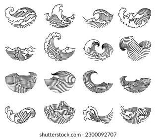 Oriental waves icons japan. Stylized ocean wave curls, japan style tsunami, sea swirls graphics collection. Oceanic water asian decorative ornamental splashes elements. Art vector illustration