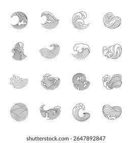Oriental waves icons japan. Stylized ocean wave curls, japan style tsunami, sea swirls graphics collection. Oceanic water asian decorative ornamental splashes elements. Art vector illustration