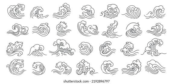 Oriental waves icons. Stylized ocean wave curls, japan style tsunami sea swirls graphics collection, oceanic water asian decorative ornamental splashes vector elements