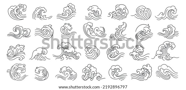 Oriental waves icons.\
Stylized ocean wave curls, japan style tsunami sea swirls graphics\
collection, oceanic water asian decorative ornamental splashes\
vector elements