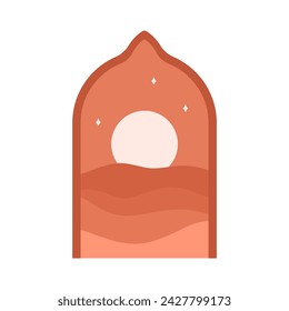 Oriental window with sunset view. Abstract moroccan landscape cartoon vector illustration