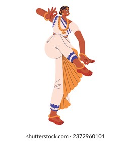 Mujer oriental bailando danza tradicional india. Actuación de bailarina con traje nacional. El artista parado en la pose kuchipudi, muestra costumbres asiáticas. Ilustración vectorial aislada plana sobre fondo blanco