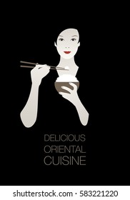 Oriental woman eating rice. Vector illustration