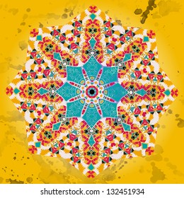 Oriental Yellow Blue mandala motif round lase pattern on the black background, like snowflake or mehndi paint on yellow color background