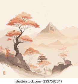 Oriental-inspired landscape featuring a sun-drenched mountain range, rendered in a delicate line art style with a soft watercolor texture.