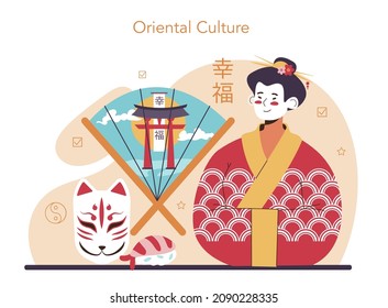 Orientalist concept. Professional scientist researching near and far Eastern ancient and modern society and culture. Asian countries studying. Flat vector illustration