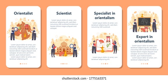 Orientalist mobile application banner set. Professonal scientist studying Near Eastern and Far Eastern society and culture. Middle Eastern studies and Asian studies. Isolated vector illustration