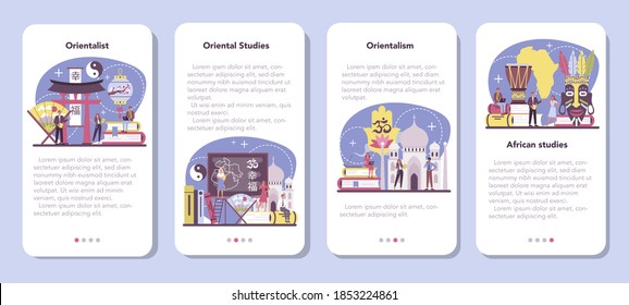 Orientalist mobile application banner set. Professonal scientist studying near and far Eastern society and culture. Middle Eastern, African and Asian studies. Isolated vector illustration