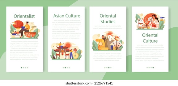 Banner-Set für orientalische mobile Applikationen. Professioneller Wissenschaftler, der in der Nähe und im fernen Osten antike und moderne Gesellschaft und Kultur erforscht. Asiatische Länder studieren. Flache Vektorgrafik